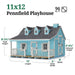 Diagram of Little Cottage Co. 11x12 Pennfield Cottage Playhouse in blue, showing 8′ width, 12′ length, 3′ porch deck, 8′-3½″ peak height, and 4′-4½″ sidewall height.