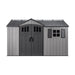 Studio product shot of the Lifetime 12.5x8 ft. side entry storage shed, straight-on front view, closed doors.