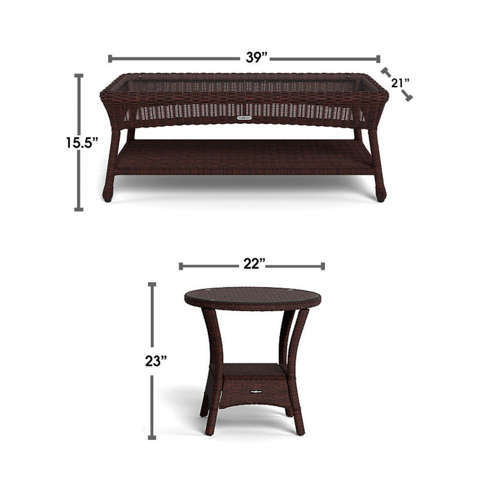 The Tortuga Outdoor Sea Pines 6-Piece Sofa Set in Java includes a 39"W x 21"H x 15.5"D rectangular table and a 22"W x 23"H round table—stylish brown wicker pieces perfect for your outdoor living space.