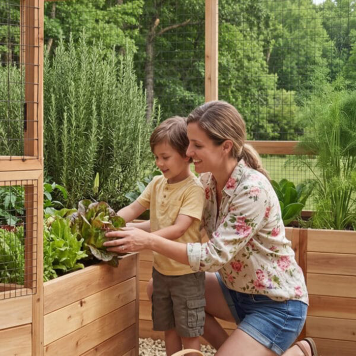 Mother and son harvesting red leaf lettuce inside the 12x8 Garden in a Box with Deer Fence, framed by cedar raised beds and tall rosemary