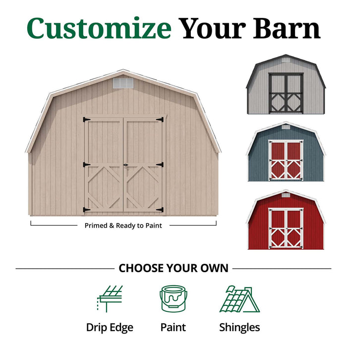 12x Classic Gambrel Barn Shed customization guide showing primed exterior ready for painting, sample color variations, and icons for choosing roof shingles and trim finishes.