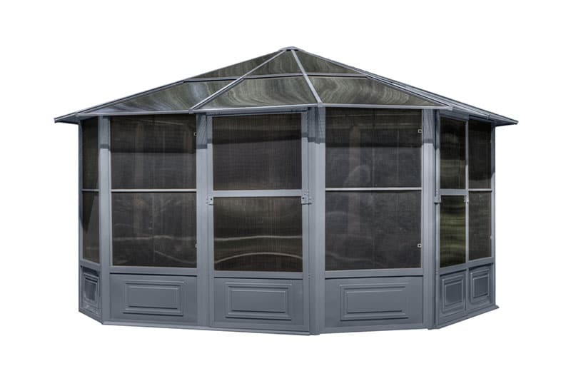 Full view of the Gazebo 12x12 Florence Freestanding Solarium with slate polycarbonate roof, displaying the entire structure set against a plain background.
