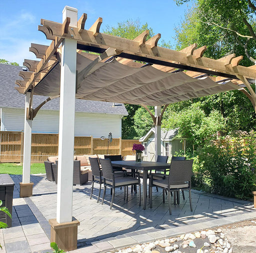 Outdoor Living Today Pergola with Retractable Canopy 12x12 with an outdoor dining set underneath and place on a leveled patterned cement