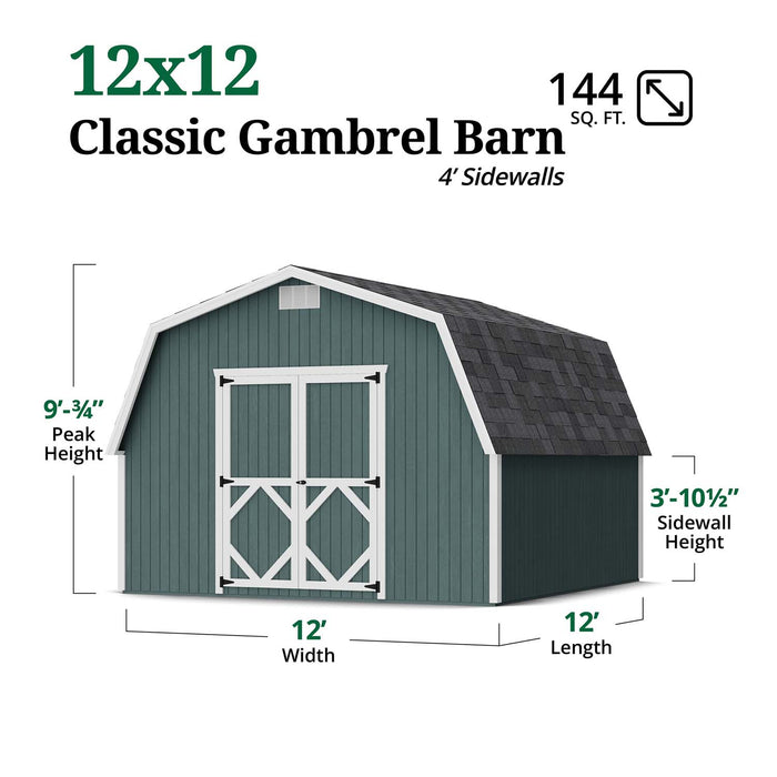 12x12 Classic Gambrel Barn Shed with 4-foot sidewalls shown in teal, featuring labeled measurements for width, length, sidewall height, and 9¾-foot peak height.