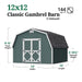 12x12 Classic Gambrel Barn Shed with 4-foot sidewalls shown in teal, featuring labeled measurements for width, length, sidewall height, and 9¾-foot peak height.