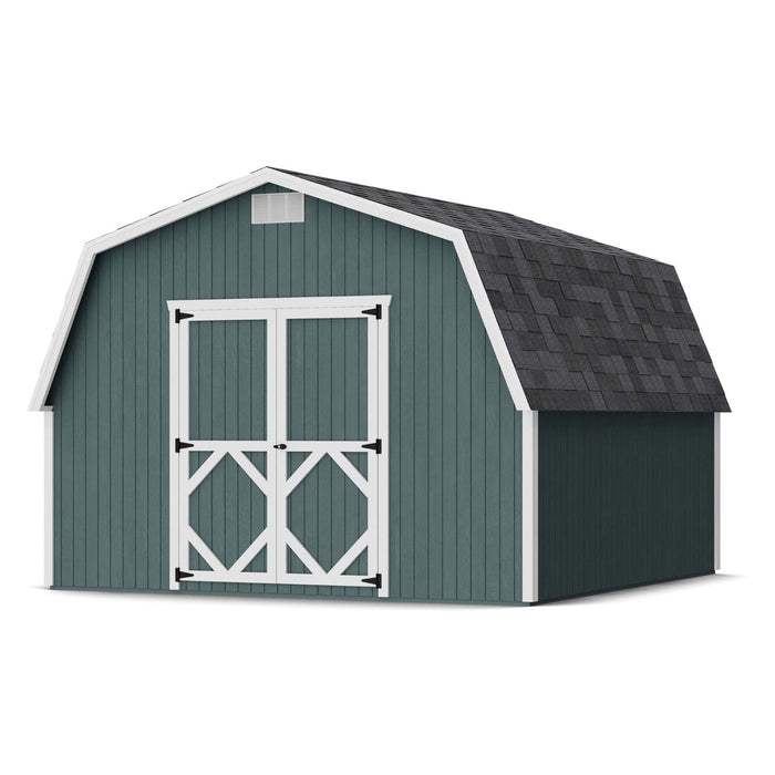 12x12 Classic Gambrel Barn Shed featuring 4-foot sidewalls, double barn doors, and SmartSide® wood panels crafted by Little Cottage Co. for backyard storage.