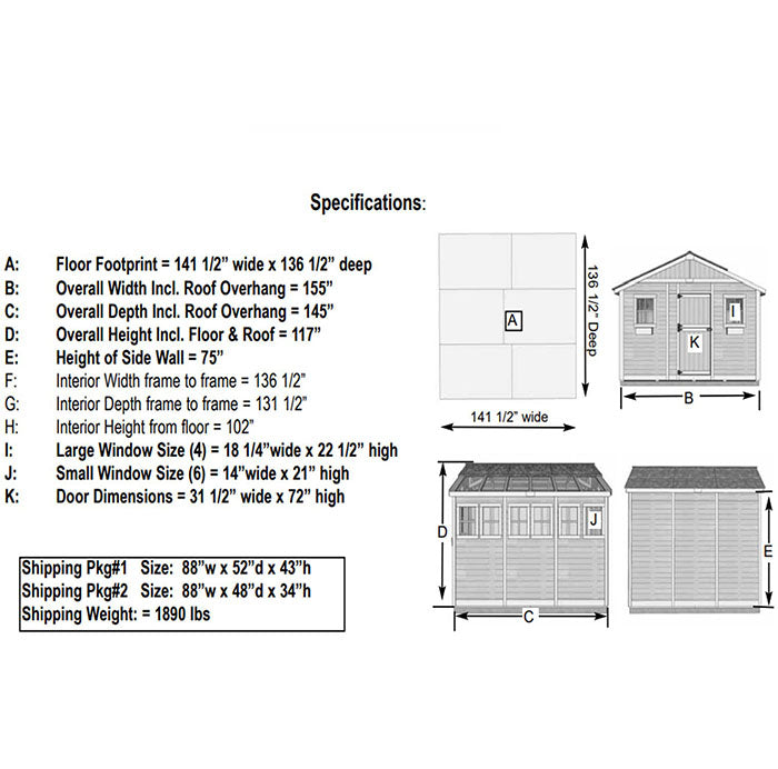 Specifications of the Outdoor Living Today Sunshed Garden Shed 12x12