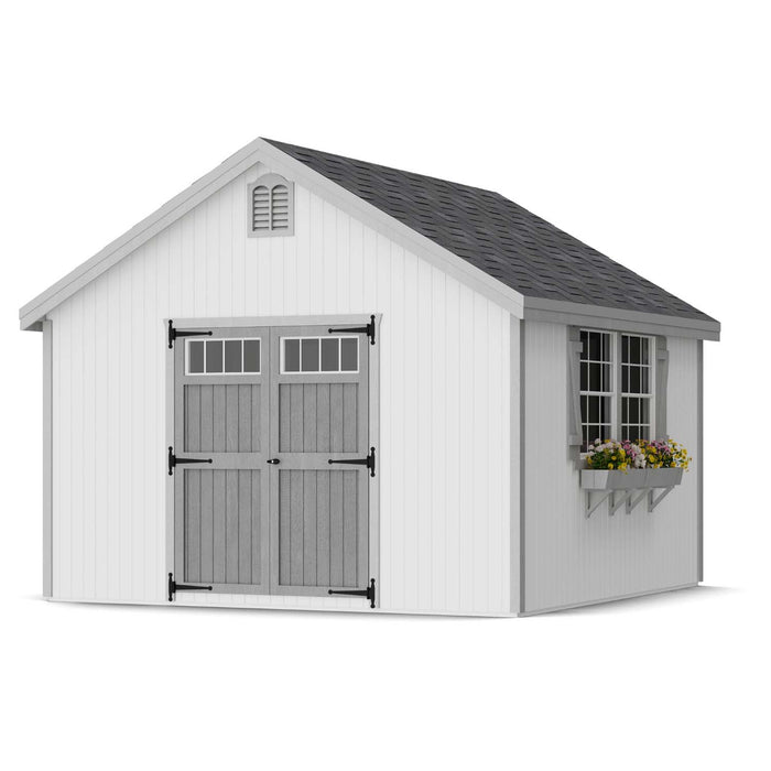 12x12 Little Cottage Co. Colonial Williamsburg shed with gray paneled doors, vented gable, and flower box, ideal for backyard storage or gardening.