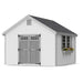 12x12 Little Cottage Co. Colonial Williamsburg shed with gray paneled doors, vented gable, and flower box, ideal for backyard storage or gardening.