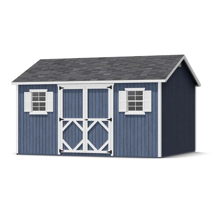 12x14 Classic Workshop Shed in blue wood finish with white trim, featuring two windows and centered double doors under a gable roof.