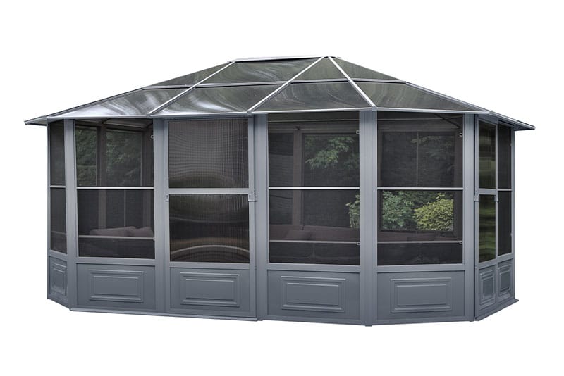 Full view of the Gazebo 12x15 Florence Freestanding Solarium with slate polycarbonate roof, displaying the entire structure set against a plain background.