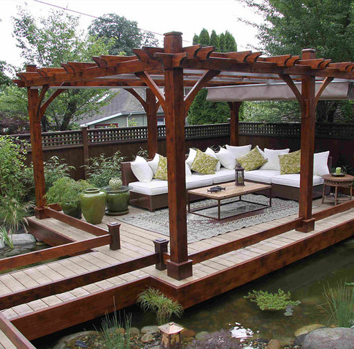 Outdoor Living Today Pergola with Retractable Canopy on a raised wooden deck surrounded by a pond with outdoor seating