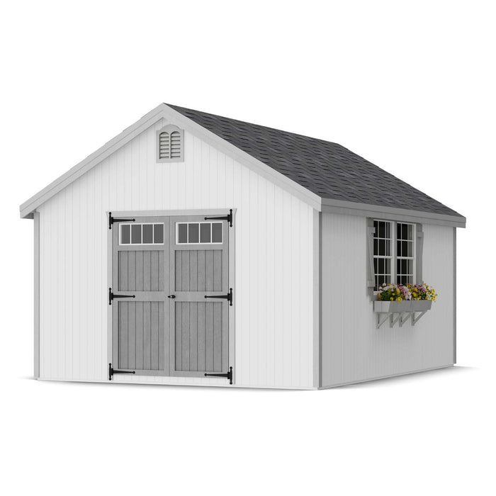 12x16 Colonial Williamsburg-style shed with white siding, decorative gray doors, and wide window box—perfect for storing tools or décor.