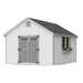 12x16 Colonial Williamsburg-style shed with white siding, decorative gray doors, and wide window box—perfect for storing tools or décor.
