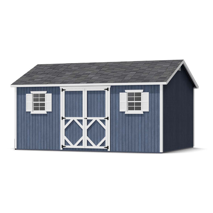 12x16 Classic Workshop Shed with deep blue siding, white barn-style doors, matching shutters, and dark gray shingled roof.
