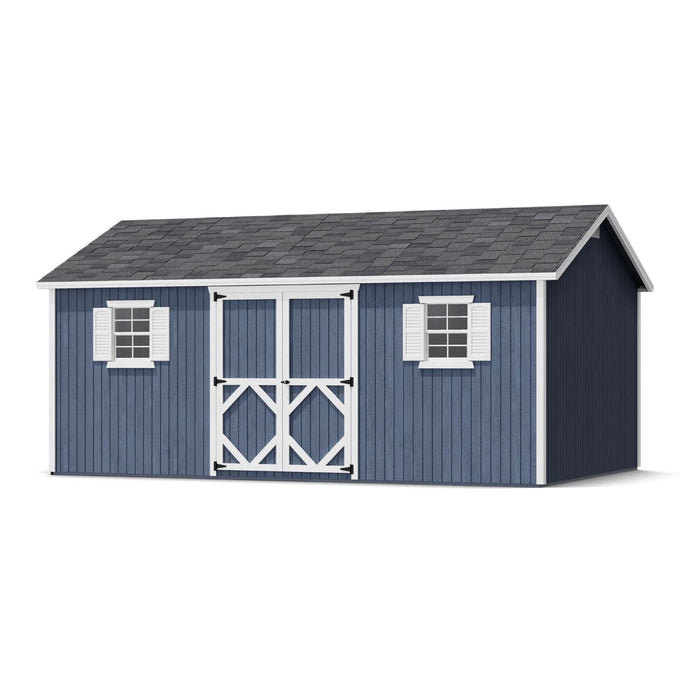 12x18 Classic Workshop Shed shown in blue with white trim, two windows, and centered barn doors, viewed from front angle.