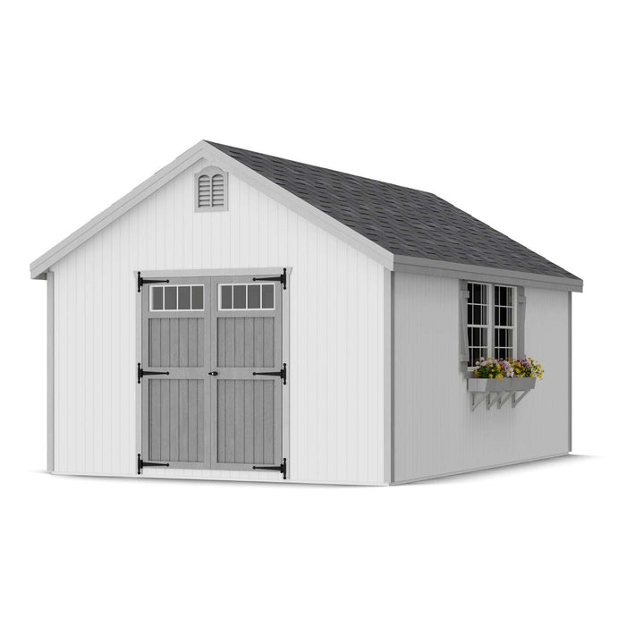 12x18 white Colonial Williamsburg shed featuring gray double barn doors, vented gable, and window flower box under a dark shingled roof.