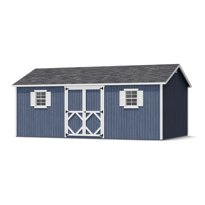 12x20 Classic Workshop Shed by Little Cottage Co. featuring blue siding, white framed doors and shutters, and asphalt roof in front view.