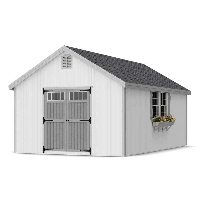 12x20 Little Cottage Co. Colonial Williamsburg shed with wide double doors, classic trim, and flower box, ideal for large garden or workshop use.