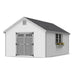12x20 Little Cottage Co. Colonial Williamsburg shed with wide double doors, classic trim, and flower box, ideal for large garden or workshop use.