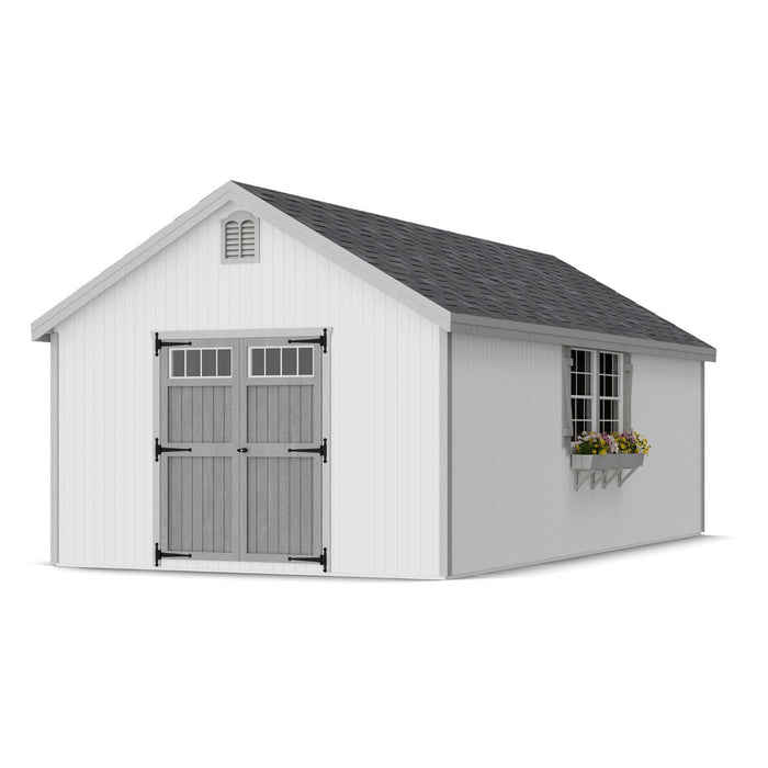 12x24 Colonial Williamsburg shed with elegant white siding, wide doors, and window planter—largest model by Little Cottage Co. for outdoor storage.