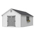 12x24 Colonial Williamsburg shed with elegant white siding, wide doors, and window planter—largest model by Little Cottage Co. for outdoor storage.