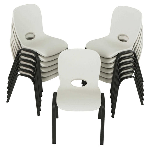 Front view of Lifetime 13 Pack Children's Stack Chair stacked in two groups with one chair positioned in front