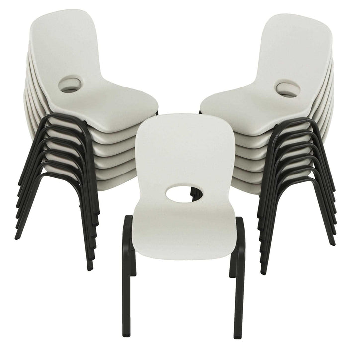 Front view of Lifetime 13 Pack Children's Stack Chair stacked in two groups with one chair positioned in front