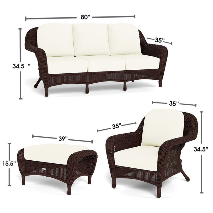 The Tortuga Outdoor Sea Pines 6-Piece Outdoor Wicker Sofa Set in Java features a sofa (80"x35"x34.5"), armchair (35"x35"x34.5"), and ottoman (35"x19"x15.5") with cream cushions—stylish, comfy seating for your patio or deck.