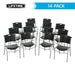 Fourteen Lifetime Stacking Chairs with black contoured seats and gray steel frames arranged together for storage
