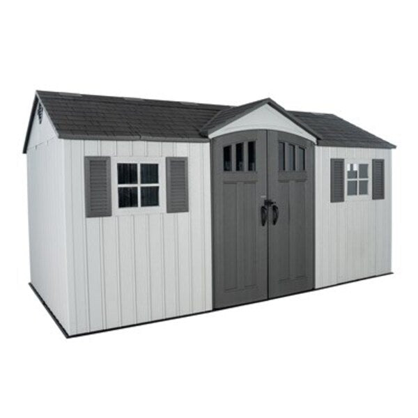 Studio product shot of the Lifetime 15x8 ft. dual entry storage shed, front angle, closed doors, white background.