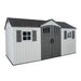 Studio product shot of the Lifetime 15x8 ft. dual entry storage shed, front angle, closed doors, white background.