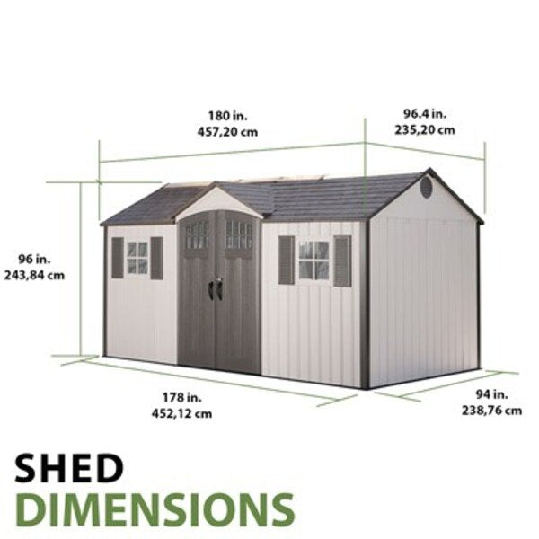 Lifetime 15x8 ft. storage shed exterior dimensions diagram showing width, depth, and height measurements.