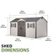 Lifetime 15x8 ft. storage shed exterior dimensions diagram showing width, depth, and height measurements.