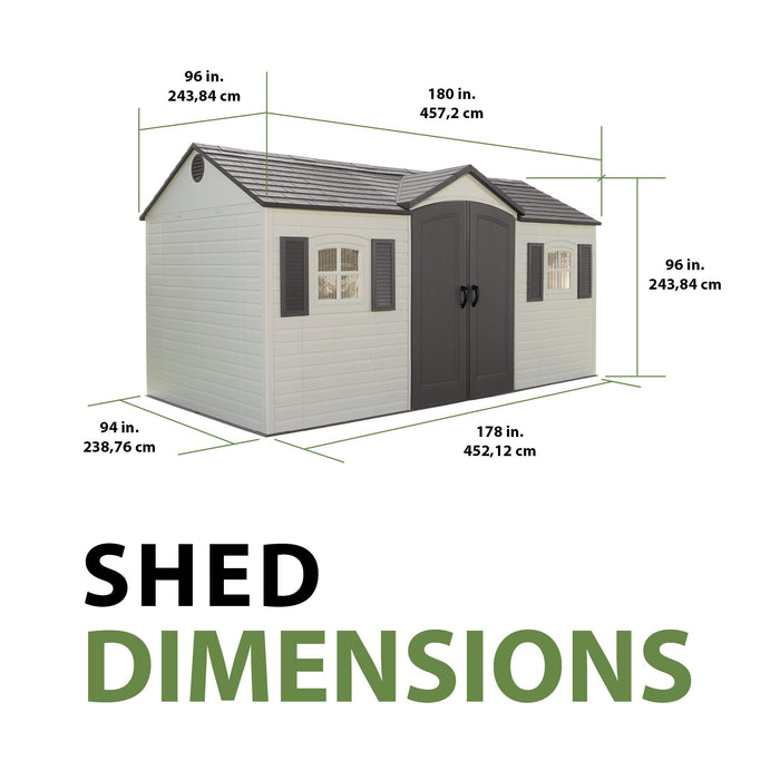 Lifetime 15x8 ft. storage shed exterior dimensions diagram showing width, depth, and height measurements.