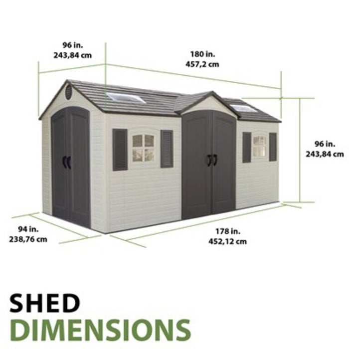 Lifetime 15x8 ft. dual entry storage shed exterior dimensions diagram showing width, depth, and height.
