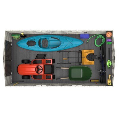 Illustration of the Lifetime 15x8 ft. storage shed's interior capacity with a kayak, mower, wheelbarrow, and bike.