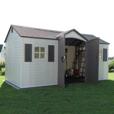 Lifetime 15x8 ft. storage shed with one door open, showing tools and a ladder stored inside.