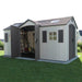 Studio shot of the Lifetime 15x8 ft. storage shed with door open, showing tools and shelving inside.
