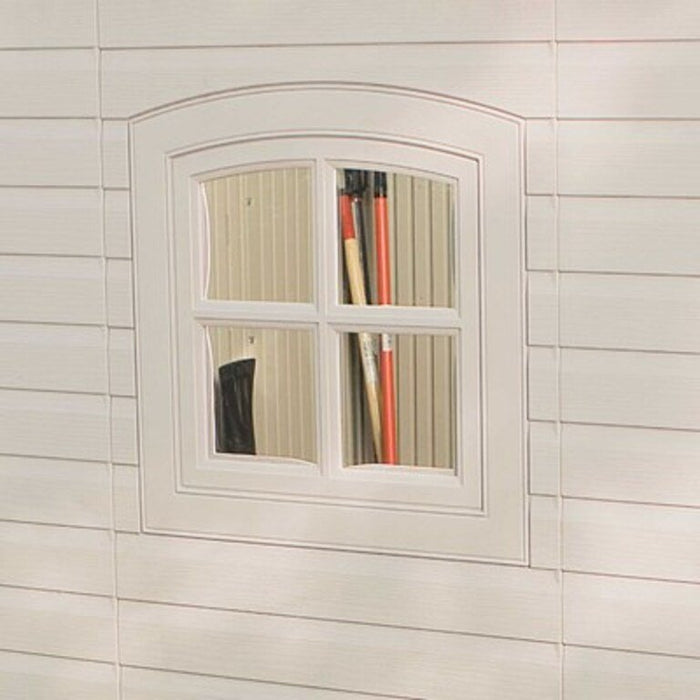 Close-up of the Lifetime storage shed's window detail.