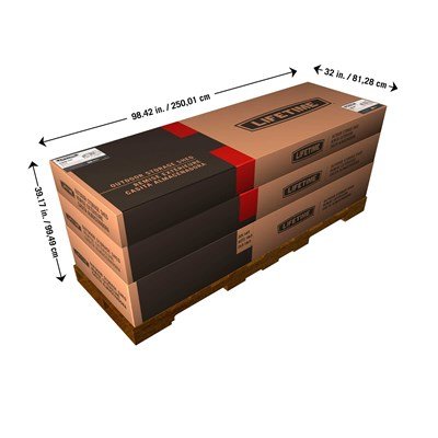 Lifetime 15x8 ft. storage shed shipping boxes stacked on a pallet with dimensions labeled.