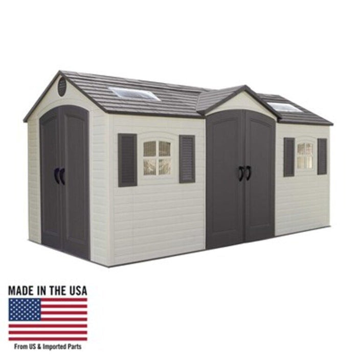 Studio product shot of the Lifetime 15x8 ft. dual entry storage shed with Made in USA badge.