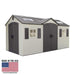 Studio product shot of the Lifetime 15x8 ft. dual entry storage shed with Made in USA badge.