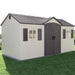 Studio product shot of the Lifetime 15x8 ft. storage shed, front angle, closed centered doors.