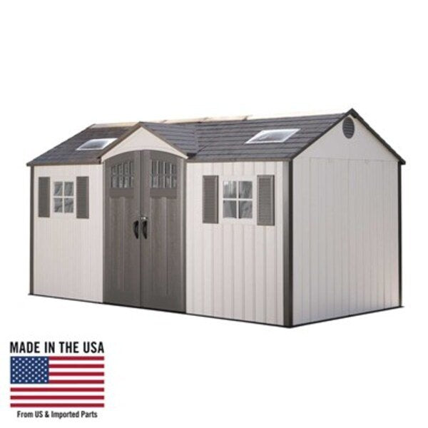 Studio product shot of the Lifetime 15x8 ft. storage shed, front angle, closed doors, Made in USA badge.