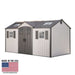 Studio product shot of the Lifetime 15x8 ft. storage shed, front angle, closed doors, Made in USA badge.