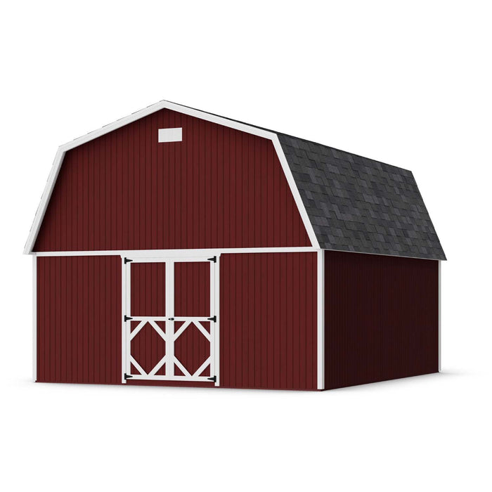 16x18 red Classic Gambrel Barn by Little Cottage Co. featuring white-framed barn doors, dark shingle roof, and clean modern barn design for backyard storage.