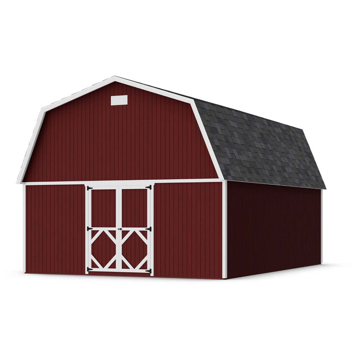 16x22 Classic Gambrel Large Barn by Little Cottage Co. in red with white trim and black shingle roofing, offering a durable and elegant storage solution.