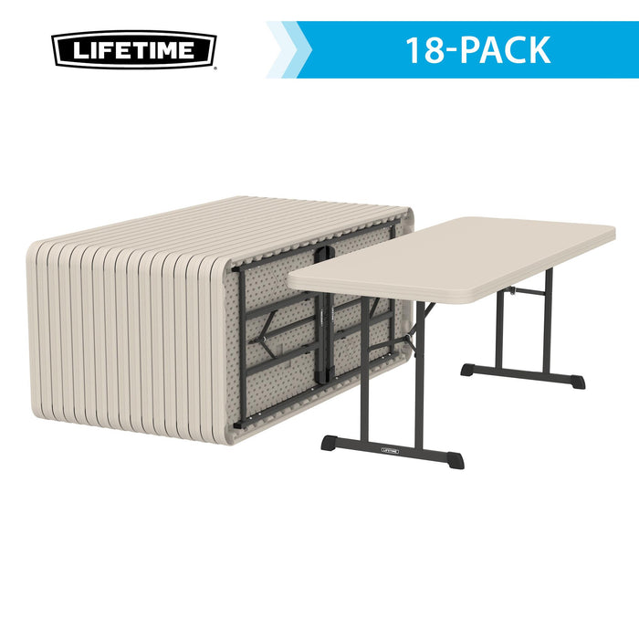 Stacked and open Lifetime 18 Pack Professional Folding Table in almond color showing storage position and steel legs