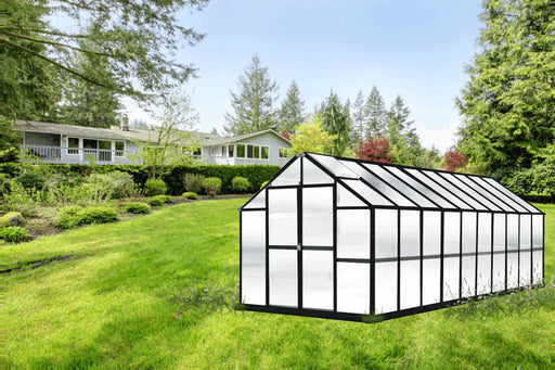 20 ft Growers Supply greenhouse with black aluminum frame and twin wall polycarbonate panels set on green backyard lawn